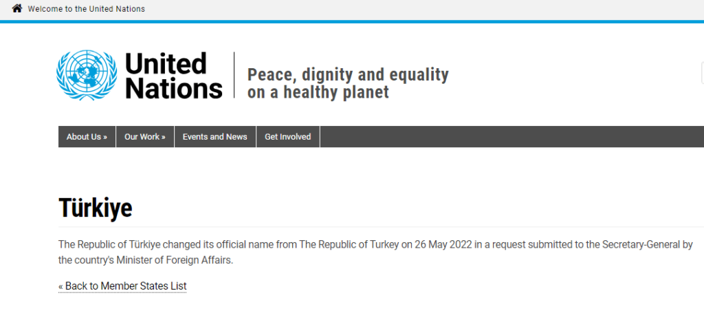 United Nations Official name change of Turkey to Turkiye